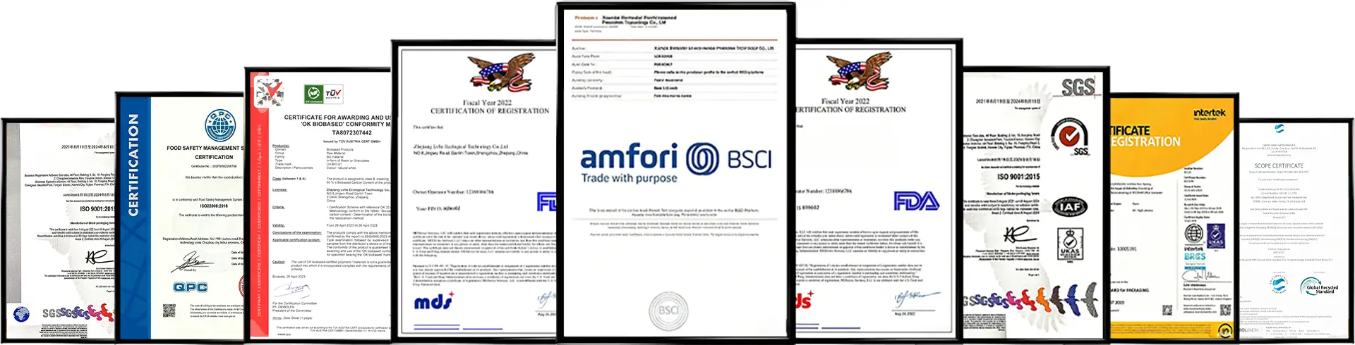 YIHAO food packaging certifications including BSCI, ISO, SGS, FDA, and Intertek compliance documents