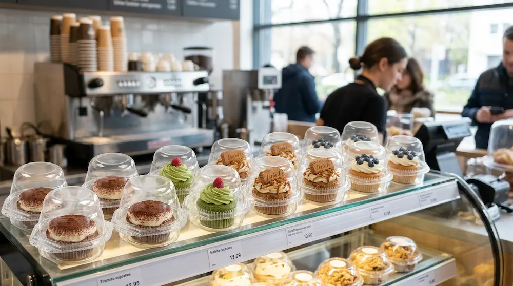 1-count cupcake containers displayed in a coffee shop grab-and-go bakery case for takeaway cupcakes and mini desserts