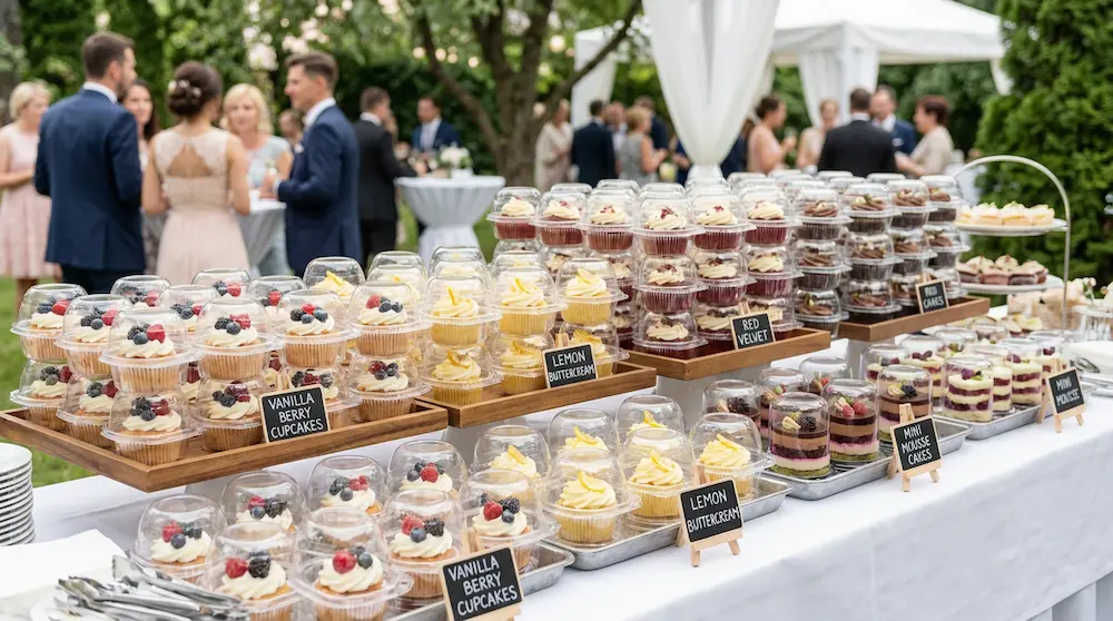 1-count cupcake containers arranged on an outdoor catering dessert table for event takeaway cupcakes