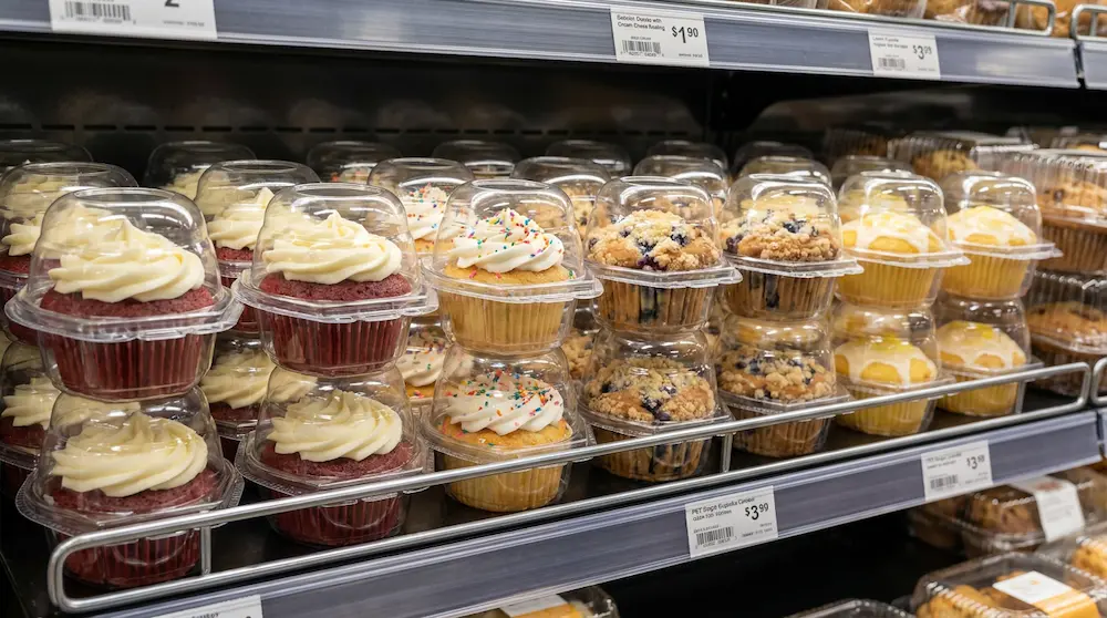1-count cupcake containers stacked on a premium supermarket bakery shelf for frosted cupcakes and muffins