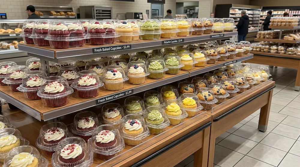 1-count cupcake containers arranged on a large supermarket bakery island display for fresh baked cupcakes