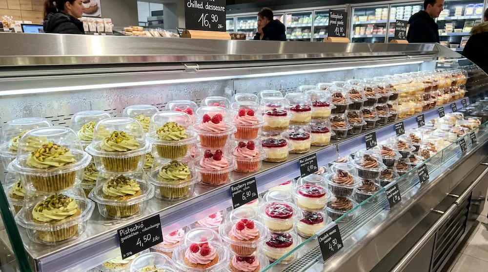 1-count cupcake containers displayed in a supermarket chilled bakery section with cupcakes and cream desserts