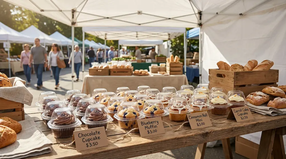 1-count cupcake containers displayed at an outdoor weekend market bakery stall with muffins and mini cupcakes