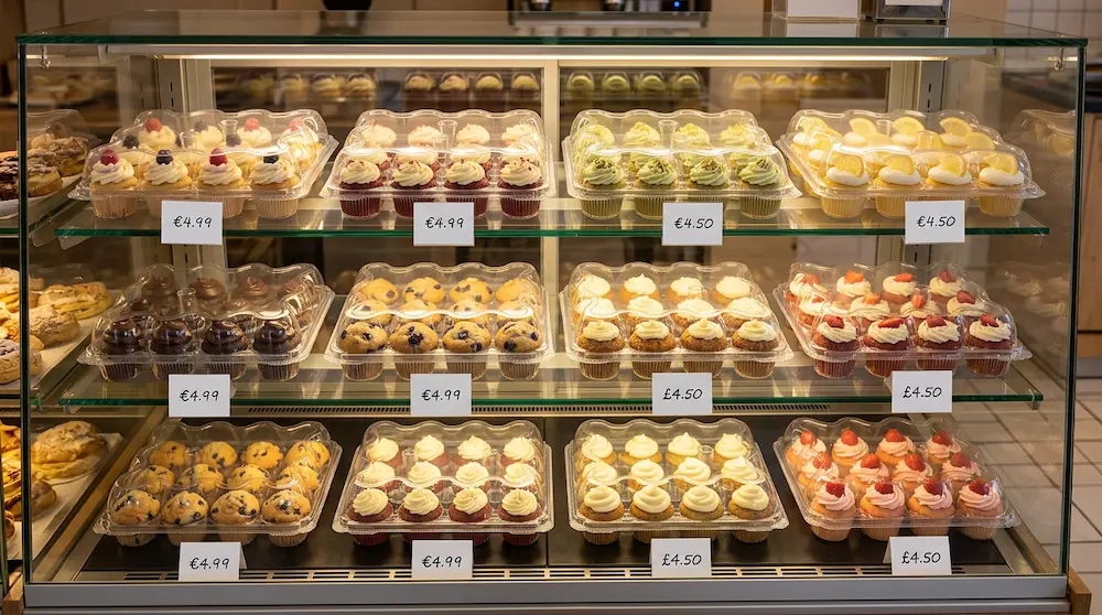 12-count cupcake container displayed in a bakery glass case with assorted mini cupcakes and muffins