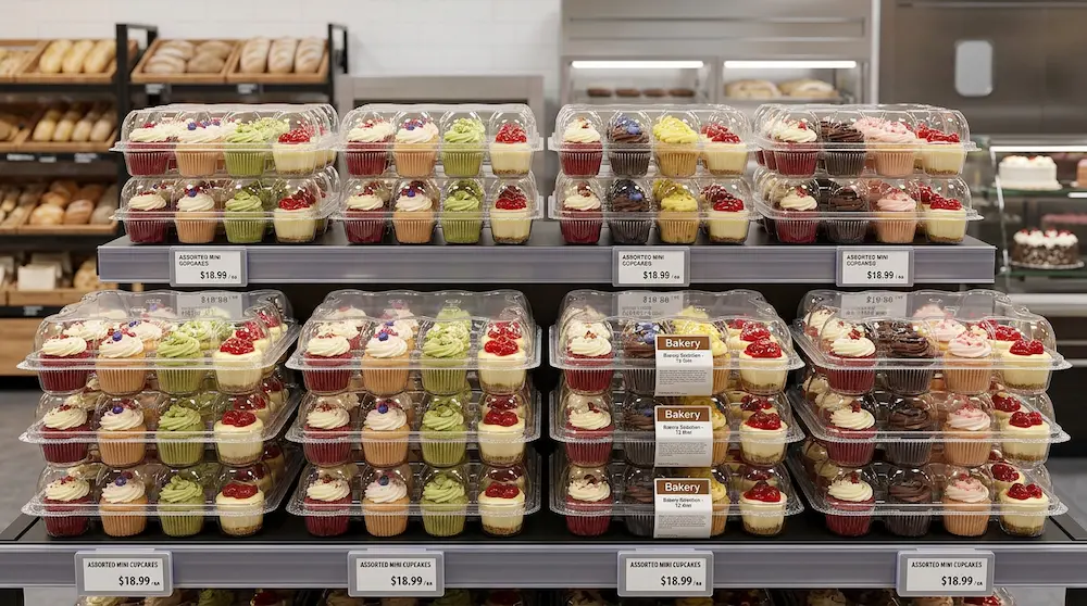 12-count cupcake container for high-volume supermarket bakery display and bulk retail sales