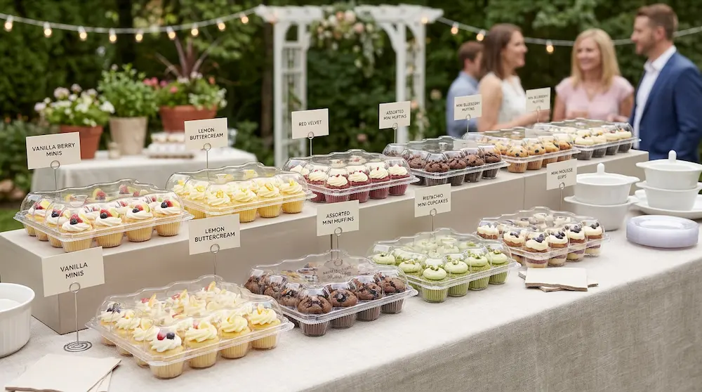 12-count cupcake container used on outdoor catering dessert table for mini cupcakes and muffins
