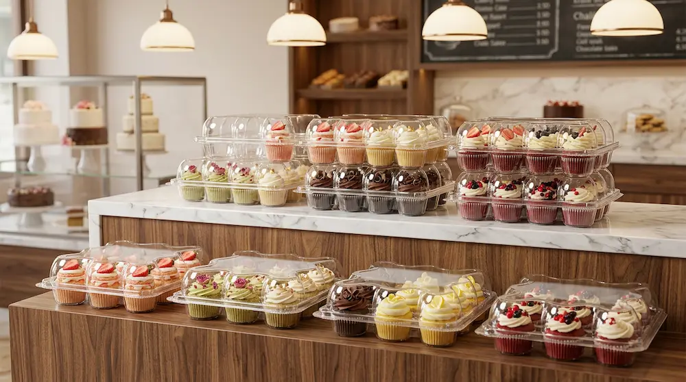 12-count cupcake container displayed on a premium cake shop counter with assorted mini cupcakes