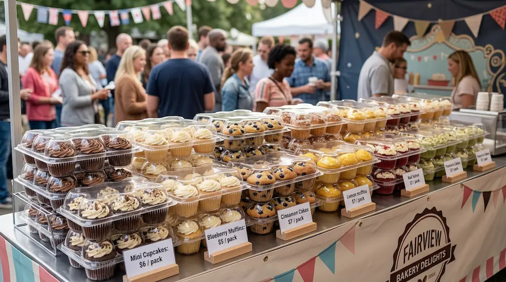 12-count cupcake container stacked at public event concession stand for bakery takeaway sales
