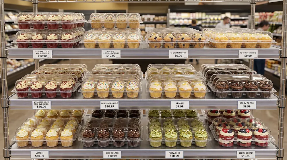 12-count cupcake container on upscale supermarket bakery shelf for assorted cupcakes and muffins