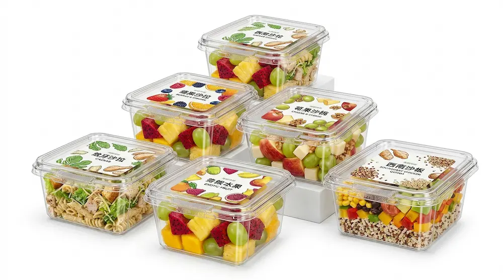 12OZ/360ml Clear Square PET/RPET Tamper-Evident Container with custom food labels for retail packaging