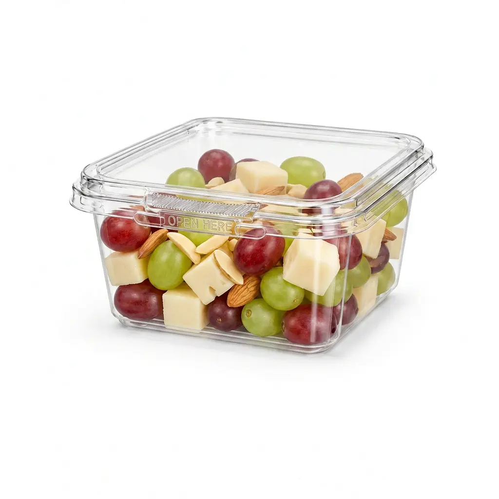 12OZ/360ml Clear Square PET/RPET Tamper-Evident Container for grape cheese and nut snack packaging