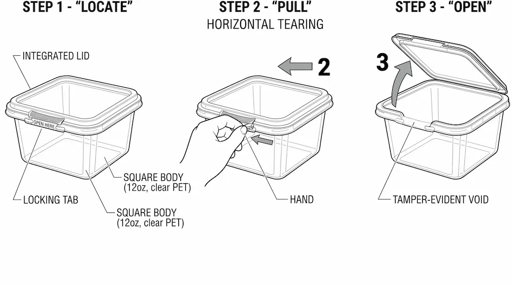 12OZ/360ml Clear Square PET/RPET Tamper-Evident Container opening instruction with tear strip