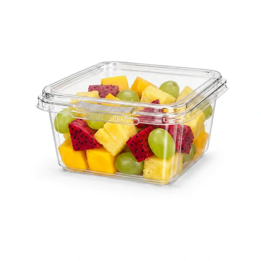12oz-360ml-clear-square-pet-rpet-tamper-evident-container-tropical-fruit-salad 12OZ/360ml Clear Square PET/RPET Tamper-Evident Container for tropical fruit salad