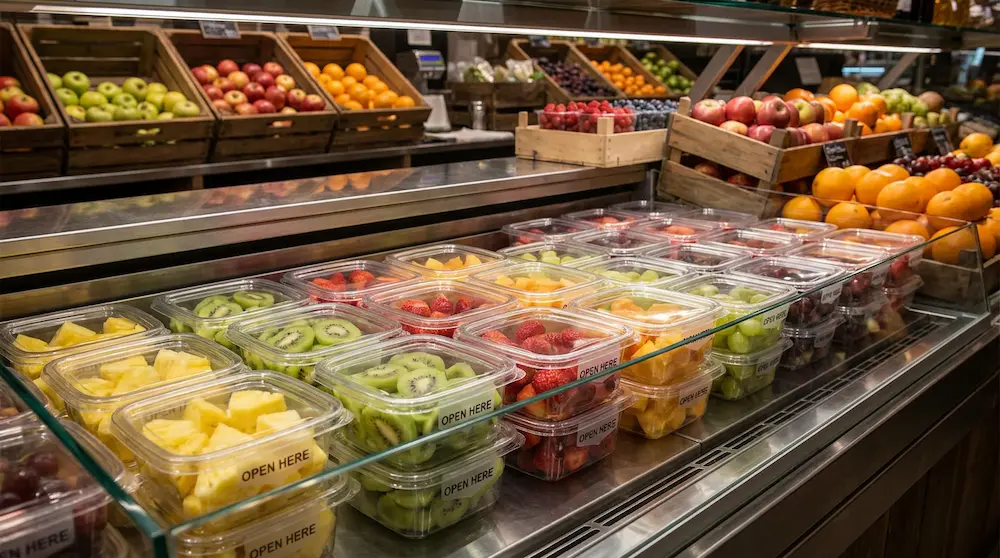 12oz 360ml clear square PET rPET tamper-evident containers for refrigerated fruit counter display