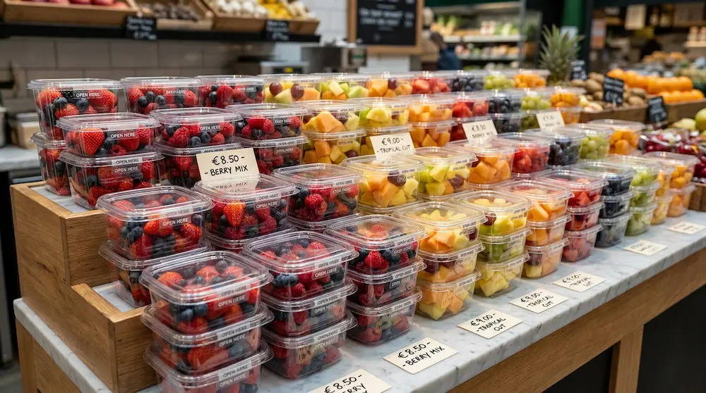 12oz 360ml clear square tamper-evident fruit containers for premium fruit boutique display
