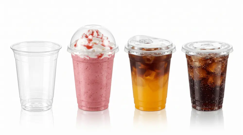 12oz clear PET cup display with dome lid, sip lid, and flat lid beverage applications