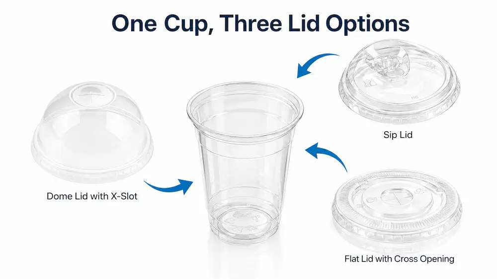 12oz clear PET cup with three compatible lid options including dome lid, sip lid, and flat lid