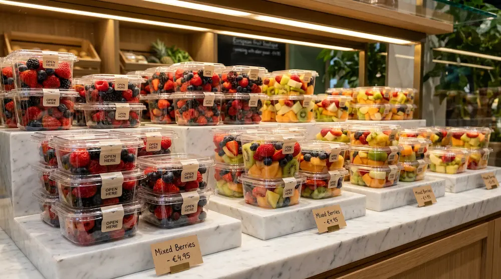 12oz clear square tamper-evident mixed berry and fruit containers in premium stepped display