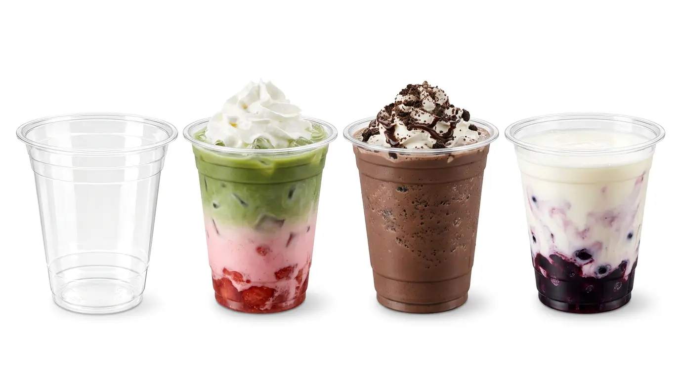 12 oz PET/RPET clear cold cup multiple beverage application display