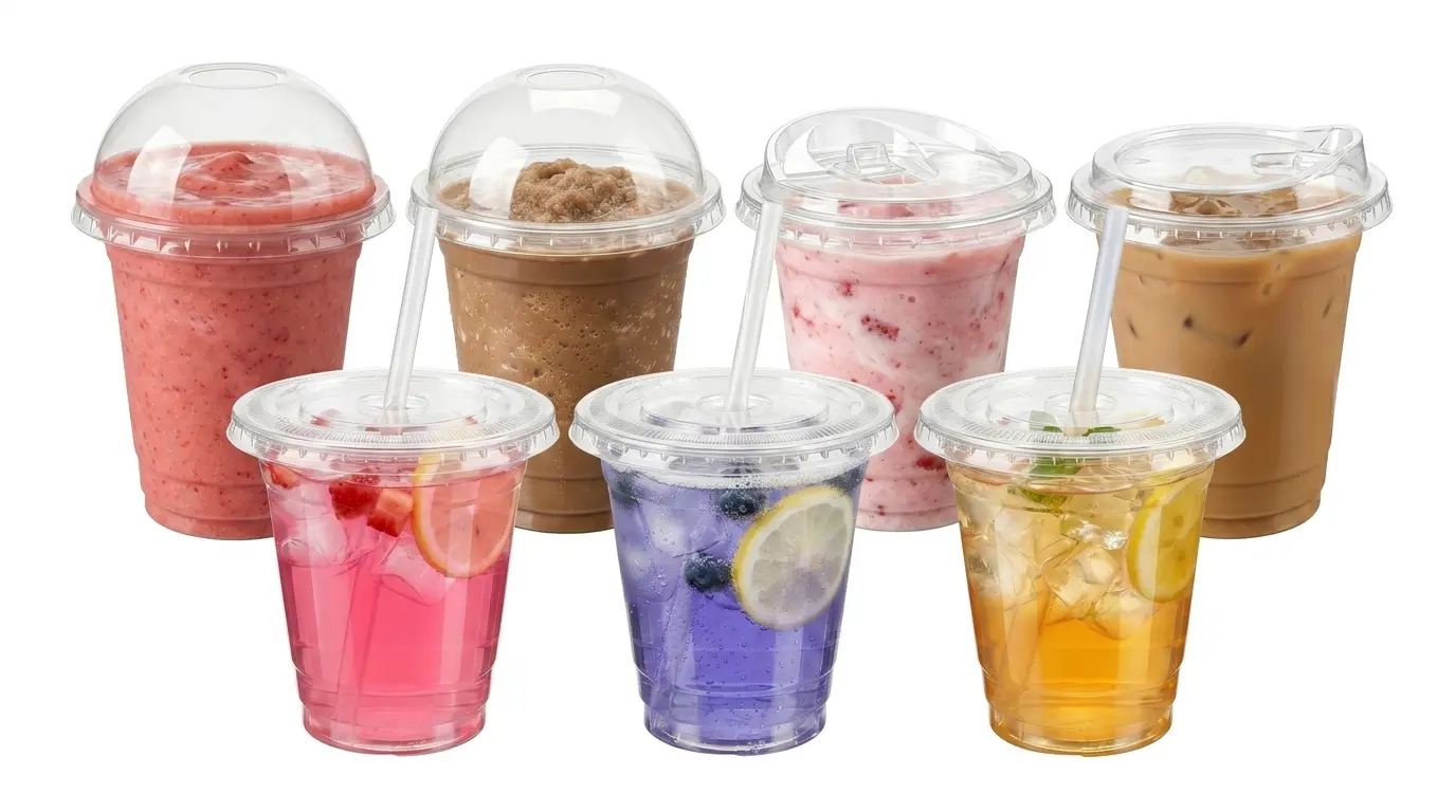 12 oz PET/RPET clear cold cups with different lids and beverage combinations