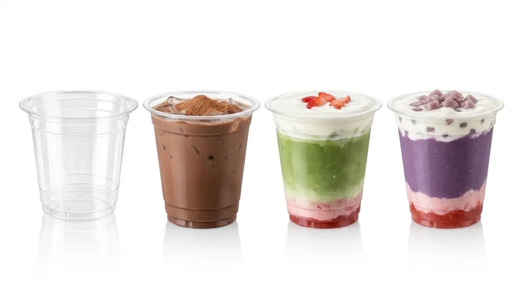 12 oz PET/RPET clear cold cup for chocolate drink, matcha dessert, and berry yogurt beverage