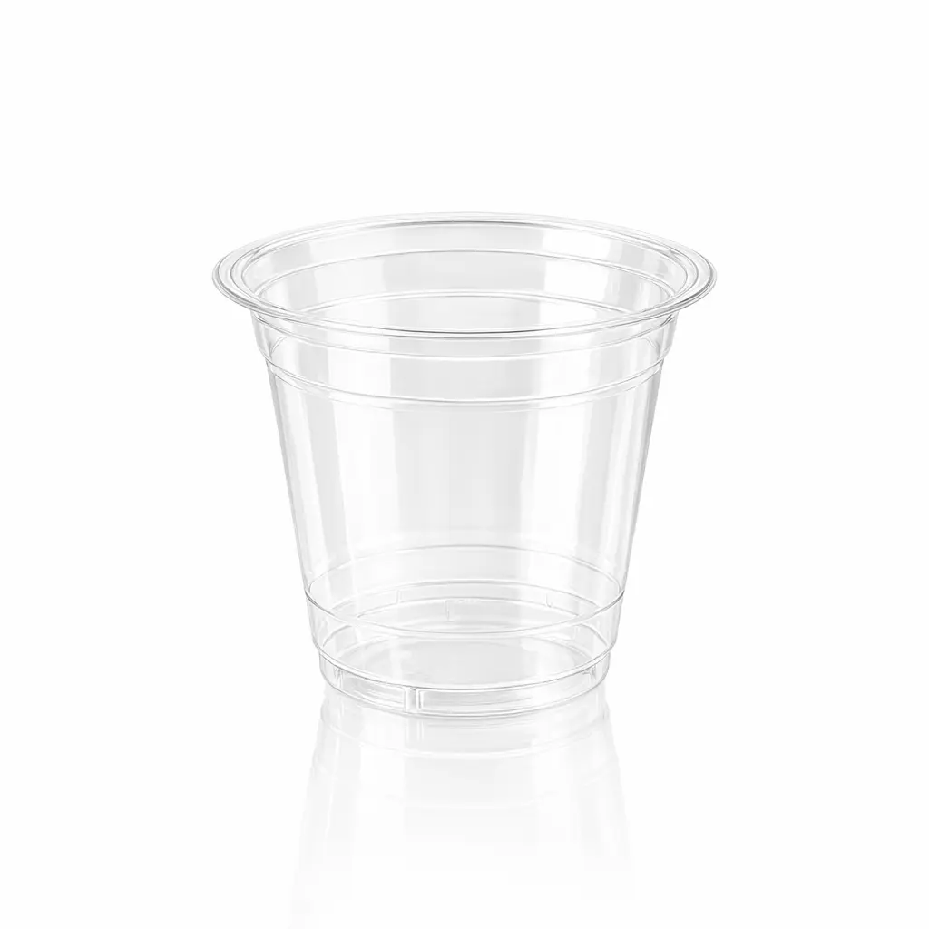 Empty 12 oz PET/RPET clear cold cup with rolled rim