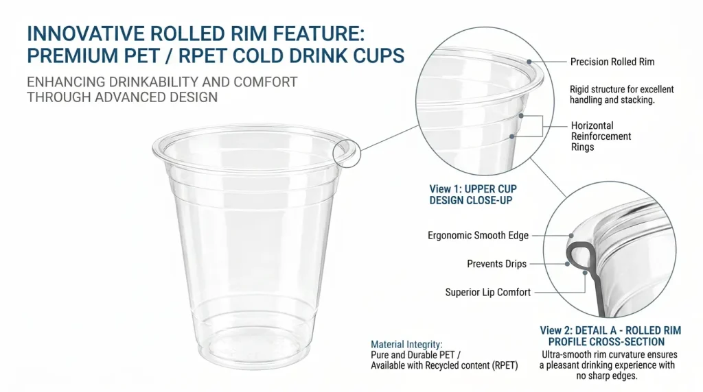 12 oz PET/RPET clear cold cup rolled rim structure feature introduction