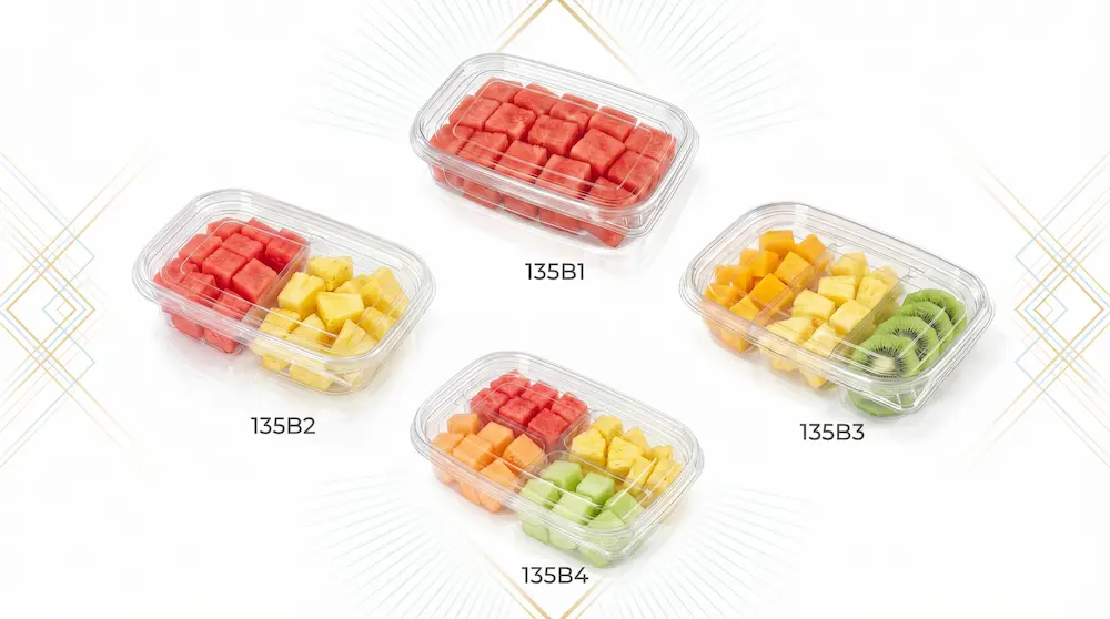 135B Series Clear PET Fruit Containers showing single-, two-, three-, and four-compartment options for fresh-cut fruit packaging