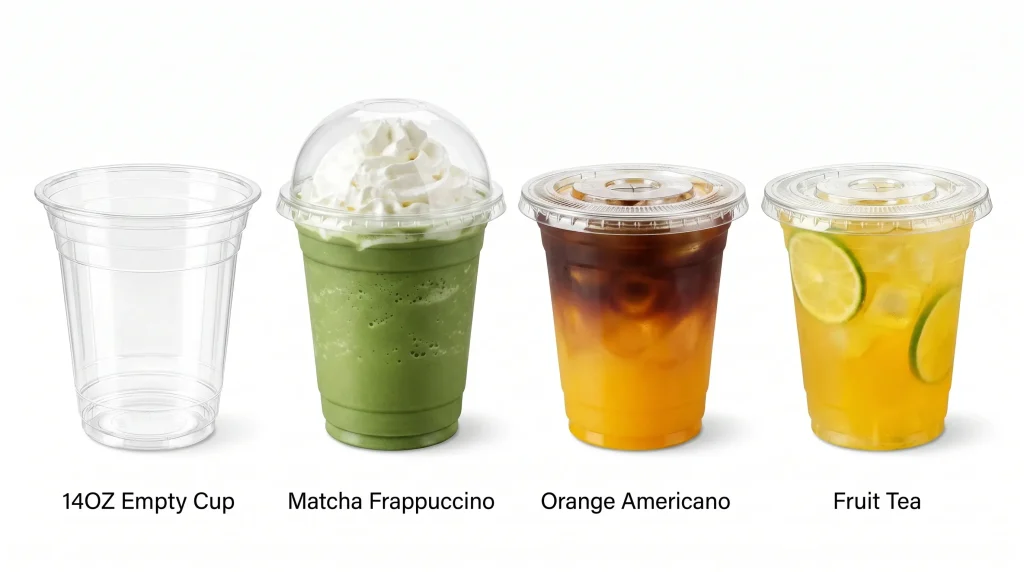 14 oz PET/RPET Clear Cold Cup multi-application display