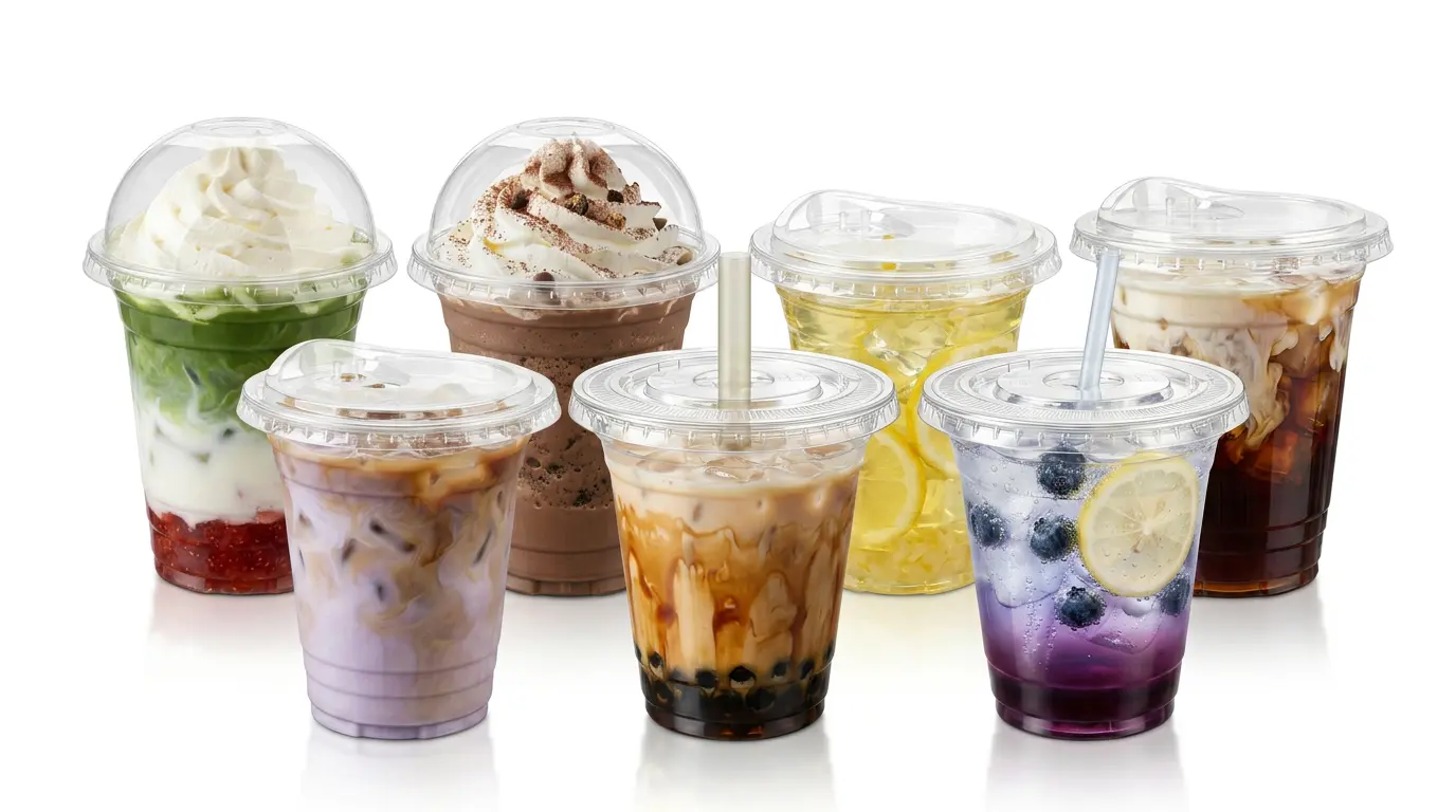 14 oz PET/RPET Clear Cold Cup assorted beverage display