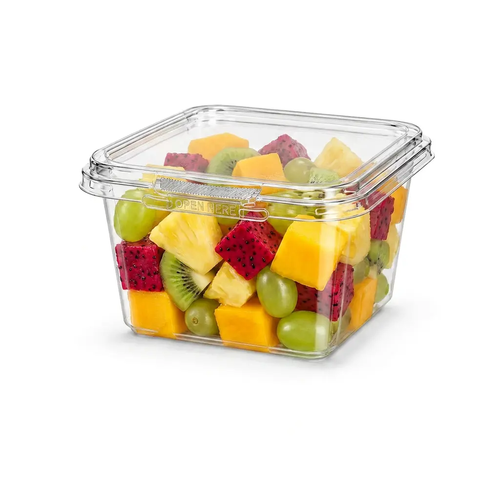16oz-480ml-clear-square-pet-rpet-tamper-evident-container-colorful-fruit-mix 16OZ 480ml clear square PET RPET tamper-evident container with colorful tropical fruit mix