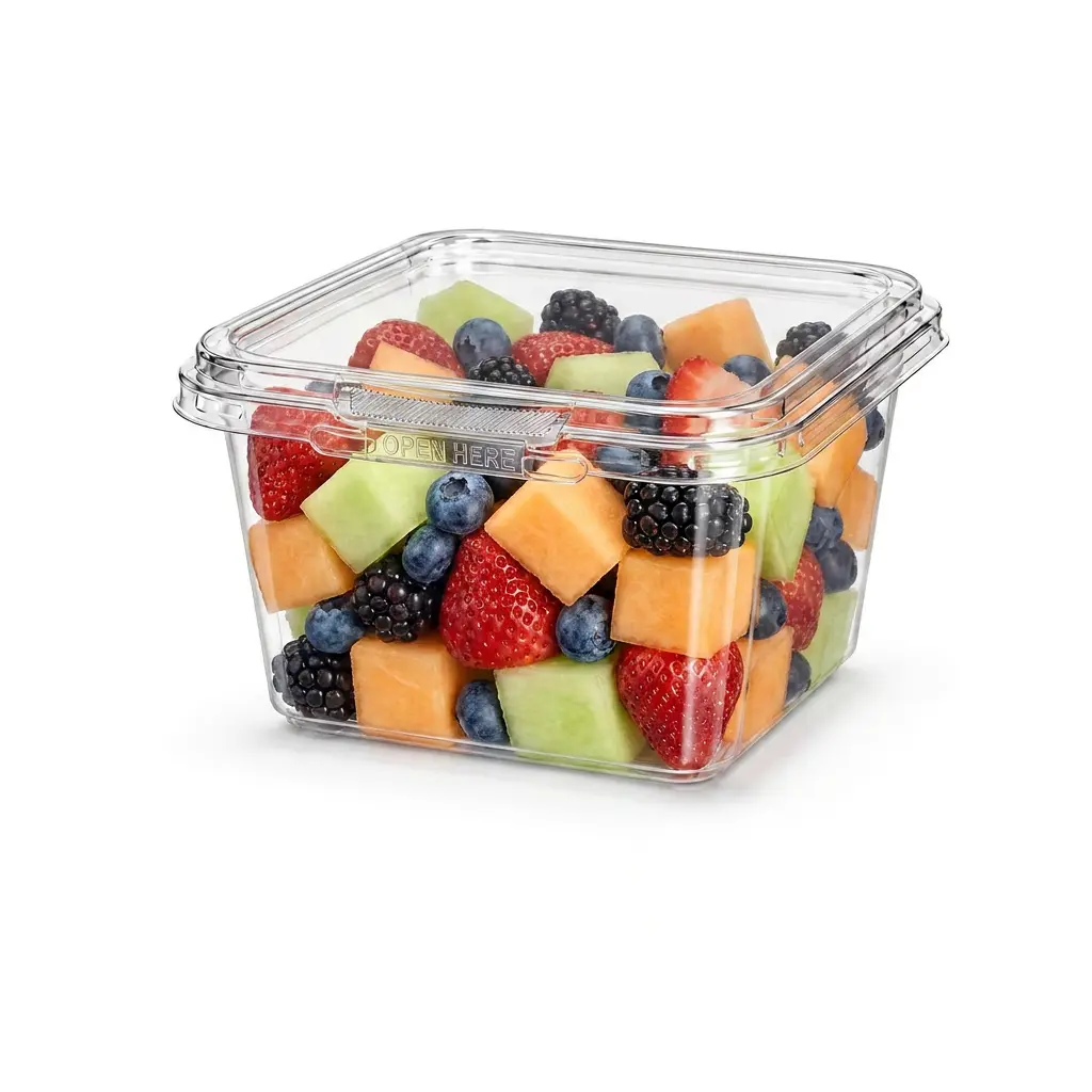 16oz-480ml-clear-square-pet-rpet-tamper-evident-container-mixed-fruit 16OZ 480ml clear square PET RPET tamper-evident container filled with mixed fresh fruit and berries