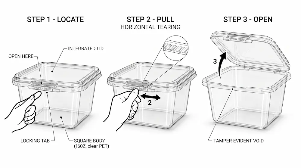 16OZ 480ml clear square PET RPET tamper-evident container opening instruction with locate pull and open steps
