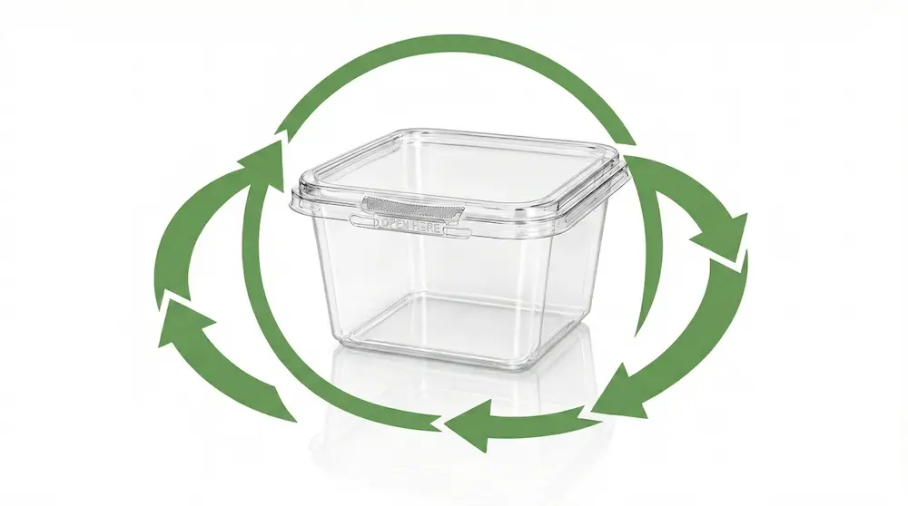 16OZ 480ml clear square PET RPET tamper-evident container with recyclable packaging concept