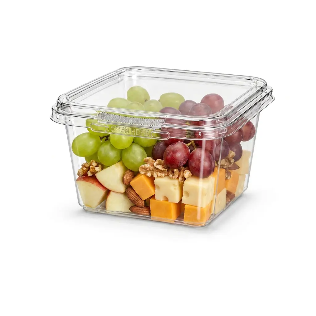 16OZ 480ml clear square PET RPET tamper-evident container for fruit cheese and snack pack