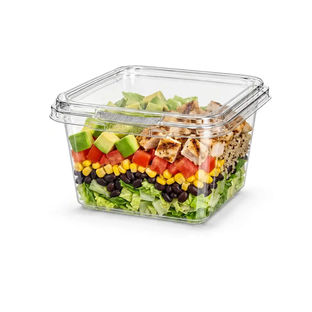 16oz-480ml-clear-square-pet-rpet-tamper-evident-container-southwest-salad 16OZ 480ml clear square PET RPET tamper-evident container for southwest chicken salad