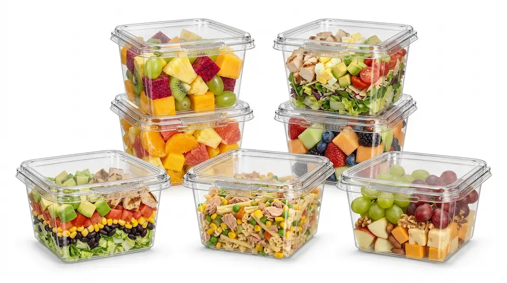 16OZ 480ml clear square PET RPET tamper-evident containers stackable display for fruit salad pasta and snack packaging