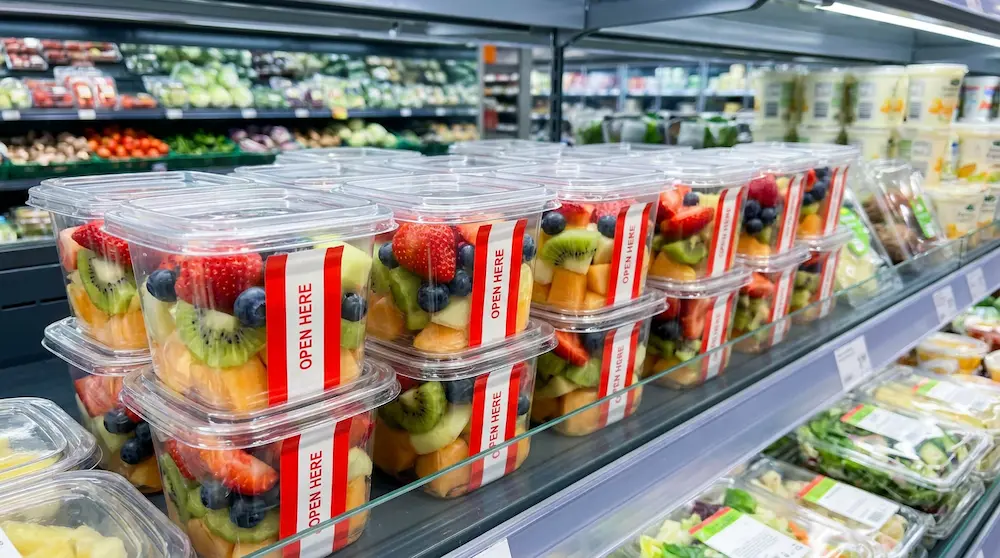 16OZ 480ml clear square PET RPET tamper-evident container for fresh fruit cups in chilled supermarket display