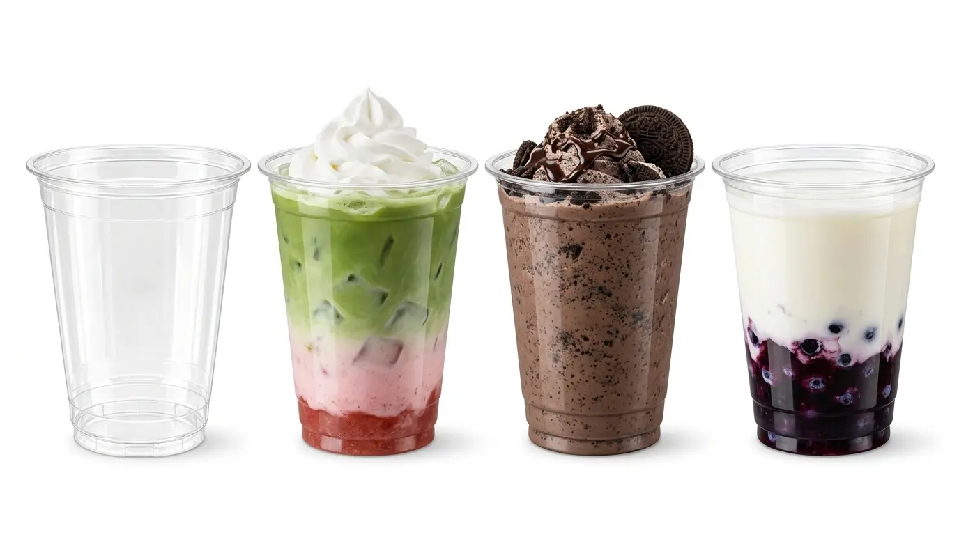 16 oz PET cold cups with matcha chocolate and berry drinks