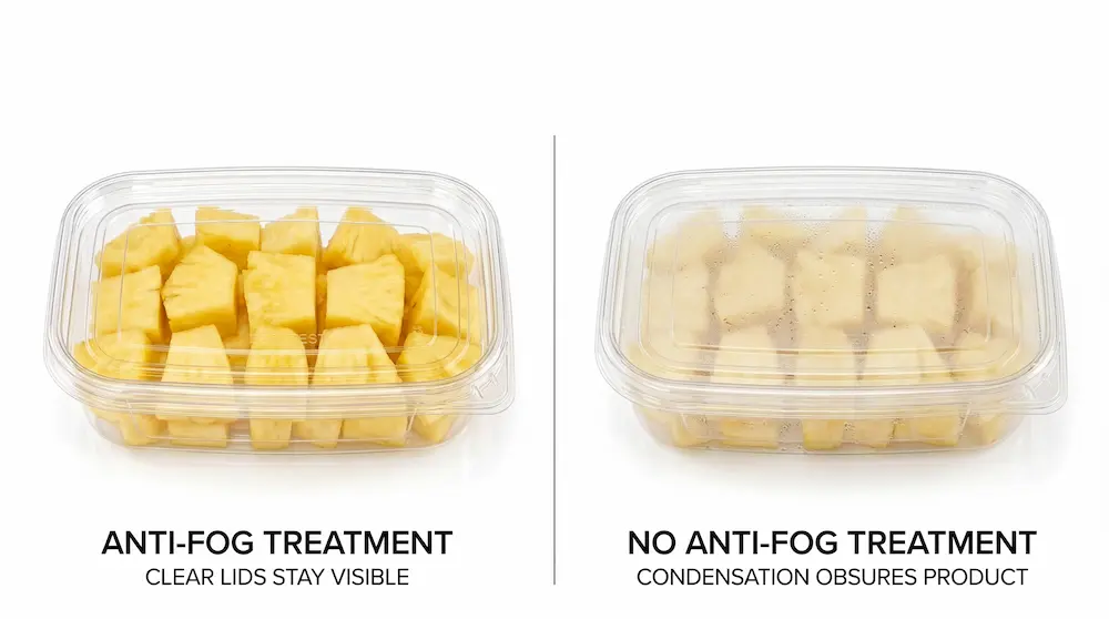 Anti-fog comparison of 17OZ 500ML Clear PET Single-Compartment Container lids