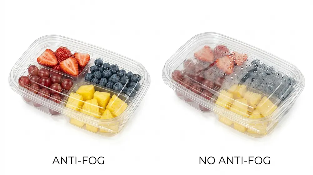Anti-fog technology comparison for 17OZ 500ML Clear PET Four-Compartment Container