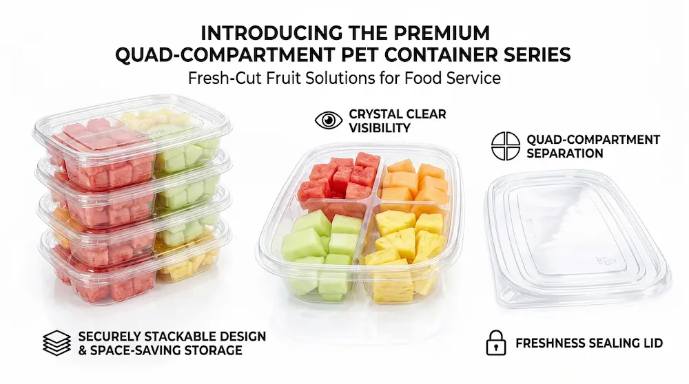 Product feature showcase of 17OZ 500ML Clear PET Four-Compartment Container with lid