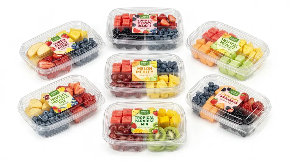 17OZ 500ML Clear PET Four-Compartment Containers with fruit label designs