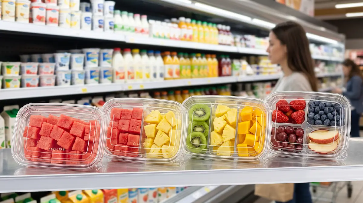 17OZ 500ML clear PET four-compartment container for fresh fruit and snack assortments in refrigerated display