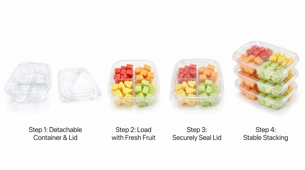 Usage process of 17OZ 500ML Clear PET Four-Compartment Container from loading to stable stacking