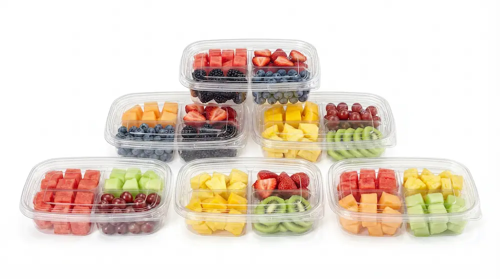 Stacked 17OZ 500ML Clear PET Four-Compartment Containers for assorted fresh fruit packaging