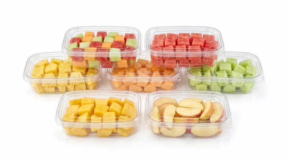 Stacked 17OZ 500ML Clear PET Single-Compartment Containers for assorted fresh fruit
