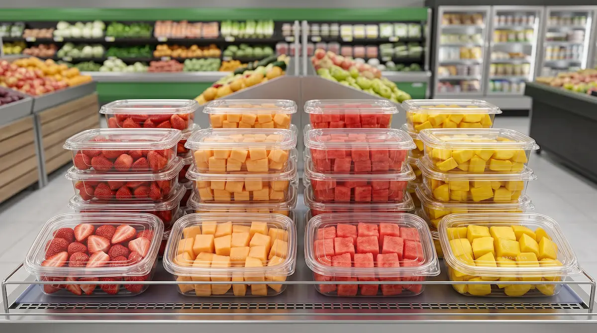 stackable clear PET single-compartment containers for fresh fruit cubes in refrigerated supermarket display