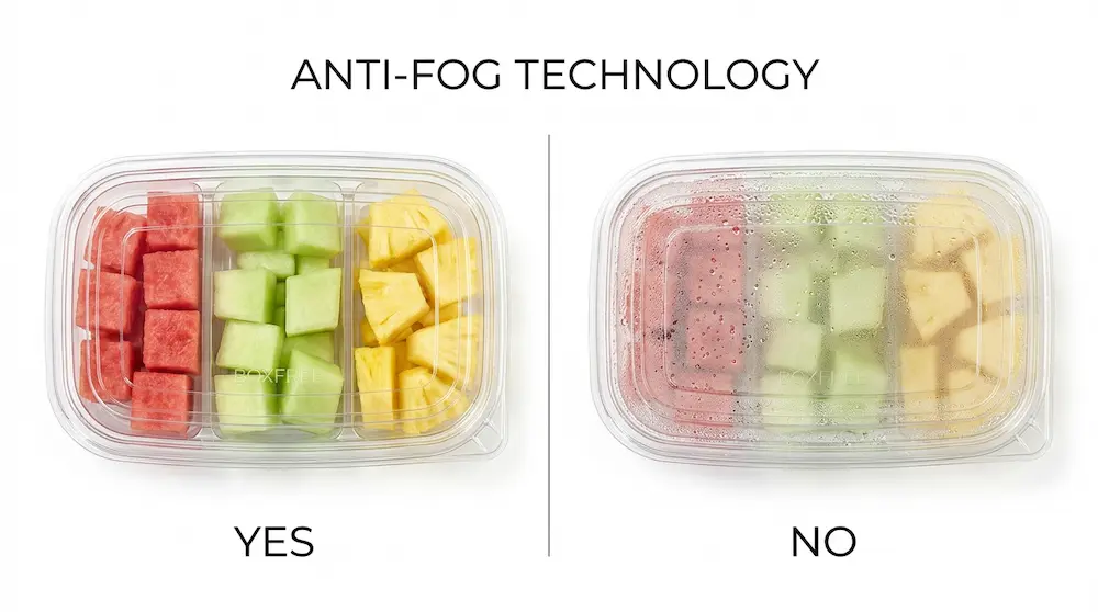 Anti-fog technology comparison for 17OZ 500ML Clear PET Three-Compartment Container