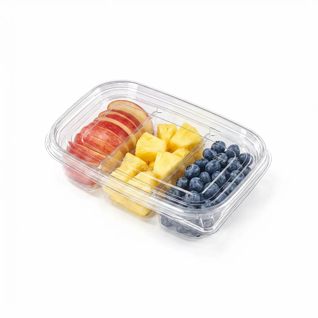 17OZ 500ML Clear PET Three-Compartment Container for apple slices, pineapple chunks, and blueberries